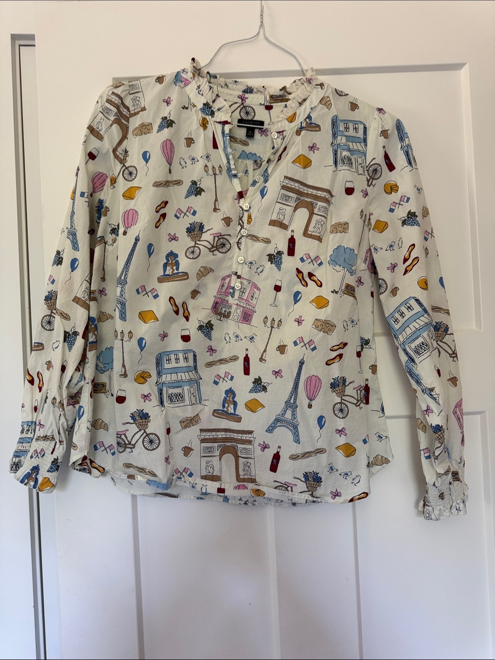 Talbots Cream Parisian-Print Ruffled V-Neck Blouse